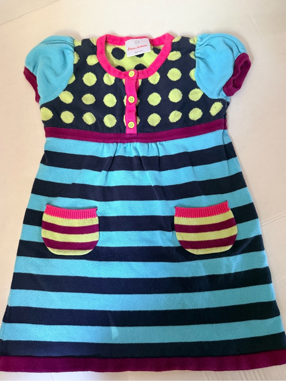 Hanna Andersson Navy, Aqua & Lime Striped Knit Dress with Pink Trim
